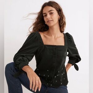 Madewell Embroidered Eyelet Corduroy Tie-Sleeve Top Size XS Dark Palm